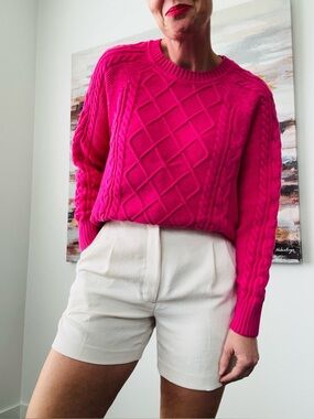 GAP Pink Cable Knit Sweater Size Large Relaxed Crewneck Fuchsia